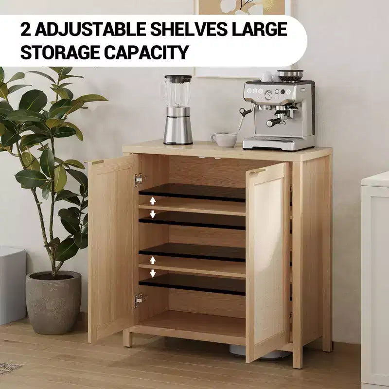 Freestanding Rattan Storage Cabinet with Adjustable Shelves, Modern Sideboard for Living Room and Dining Room