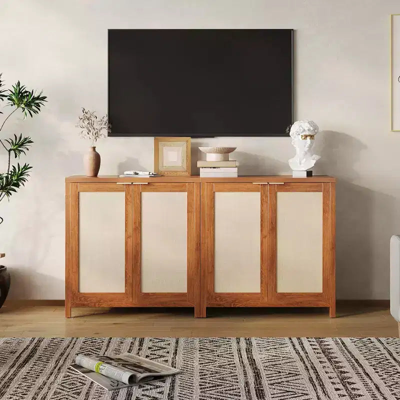 Freestanding Rattan Storage Cabinet with Adjustable Shelves, Modern Sideboard for Living Room and Dining Room