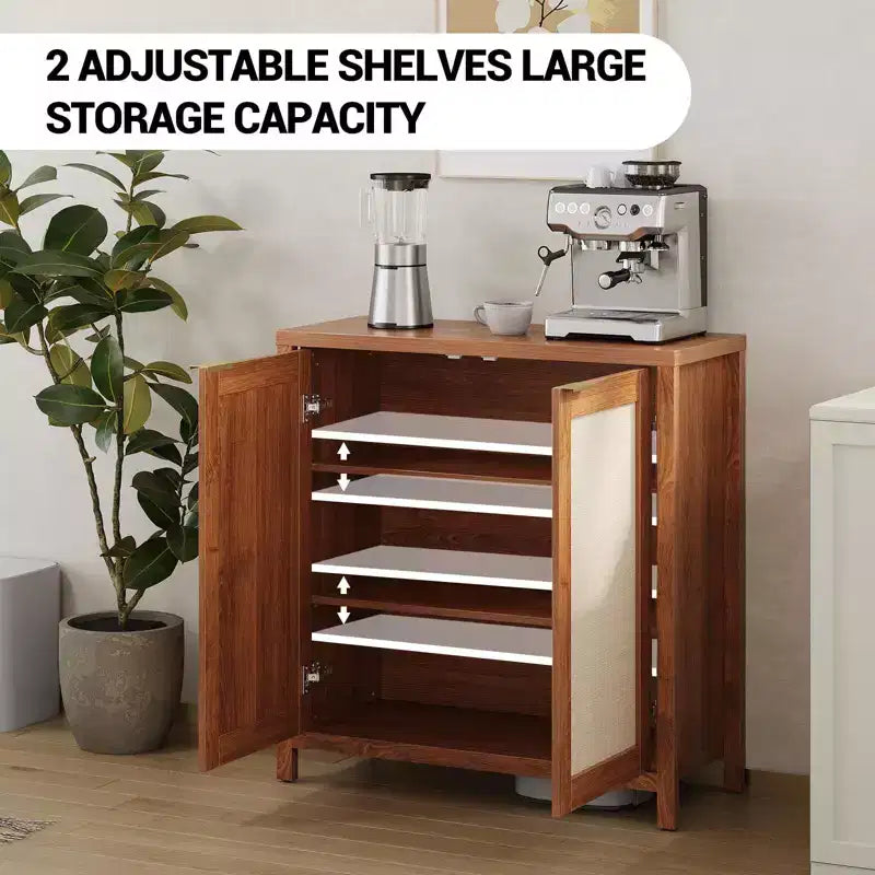 Freestanding Rattan Storage Cabinet with Adjustable Shelves, Modern Sideboard for Living Room and Dining Room