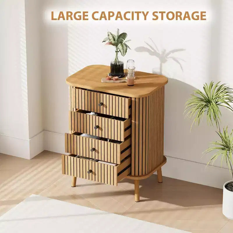 Cassettiere a 4 cassetti, comò per camera da letto, comodino, ampio contenitore, comò bohémien in vimini con maniglie nere opache e gambe in legno