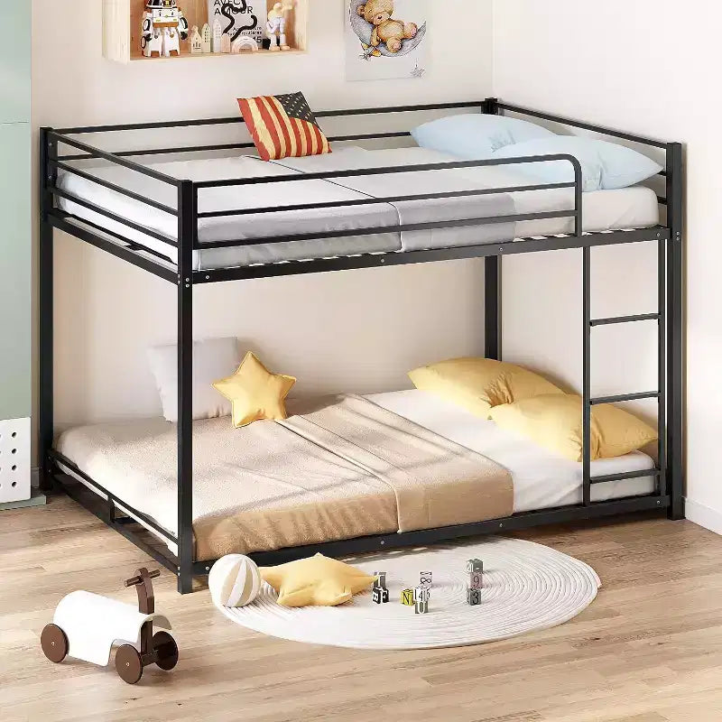JOYMOR Metal Bunk Bed Full Over Full, Twin Size Bed Frame for Boys Girls, Junior, Low Profile Bunk, Space Saving Design, Mattress Not Included (Black)