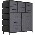 Acekool 12 Drawer Dresser, Tall Fabric Storage Tower with Wooden Top, Side Pockets & Hooks, Chest of Drawers for Bedroom, Closet, Hallway
