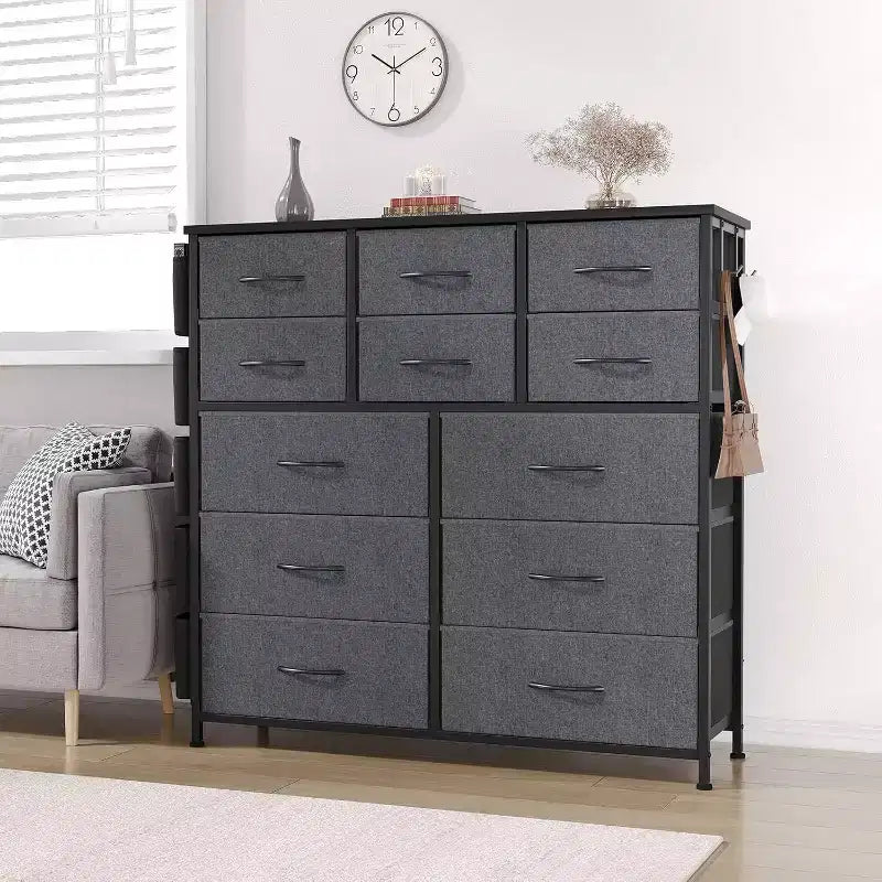 Acekool Cassettiera a 12 cassetti, armadio alto in tessuto con piano in legno, tasche laterali e ganci, cassettiera per camera da letto, armadio, corridoio