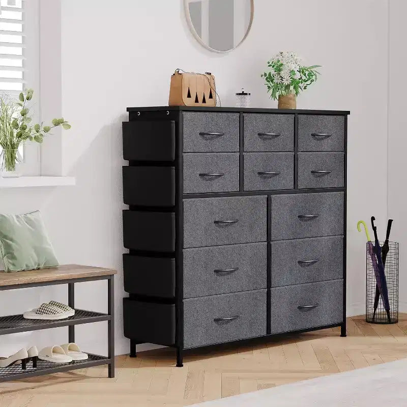 Acekool Cassettiera a 12 cassetti, armadio alto in tessuto con piano in legno, tasche laterali e ganci, cassettiera per camera da letto, armadio, corridoio