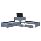 Twin Size L-Shaped Platform Bed, Wooden Bed Frame with Trundle and 2 Drawers and Built-in Table for Bedroom, Gray