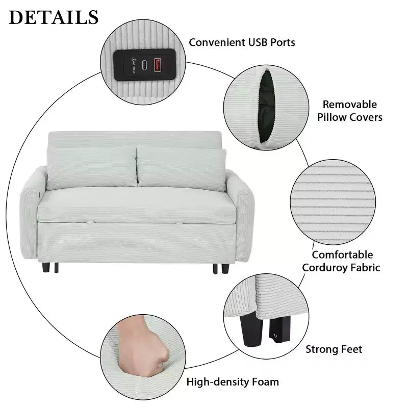 Divano letto Clihome reclinabile multi-angolo in morbido velluto a coste, schienale regolabile in 3 posizioni con porte USB