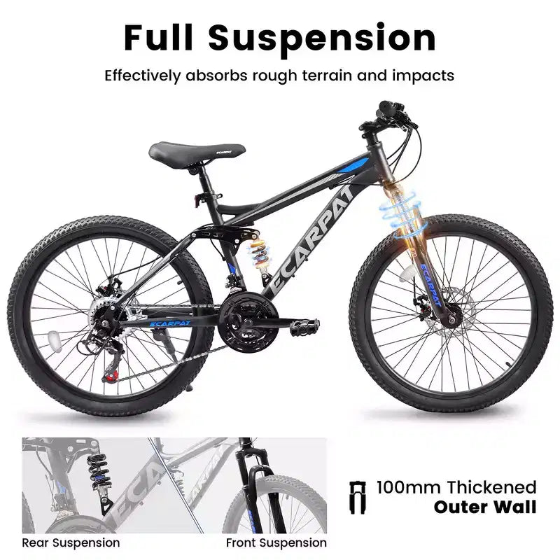 Whisen 26 Adult Mountain Bike with Full Suspension, 21-Speed Gear, Disc Brakes