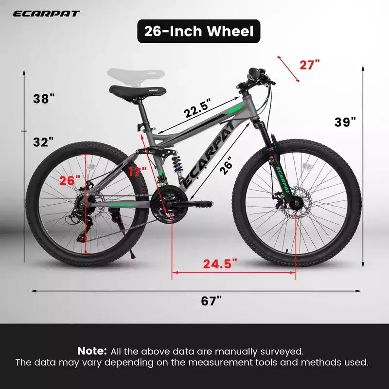 Whisen 26 Adult Mountain Bike with Full Suspension, 21-Speed Gear, Disc Brakes