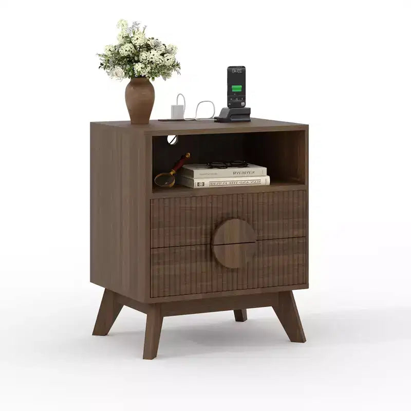 1/2 pz Comodino Moderno, Tavolino Laterale Incassato con 2 Cassetti e Ripiani Aperti, Comodino in Legno, Tavolino da Divano per Soggiorno Camera da Letto Divano