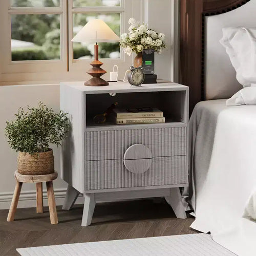 1/2 PCS Modern Nightstand, Recessed Side Table with 2 Drawers and Open Shelves, Wooden Nightstand, Sofa Side Table for Living Room Bedroom Sofa