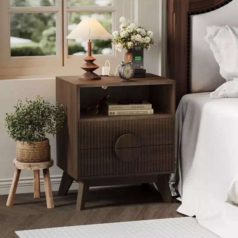 1/2 PCS Modern Nightstand, Recessed Side Table with 2 Drawers and Open Shelves, Wooden Nightstand, Sofa Side Table for Living Room Bedroom Sofa