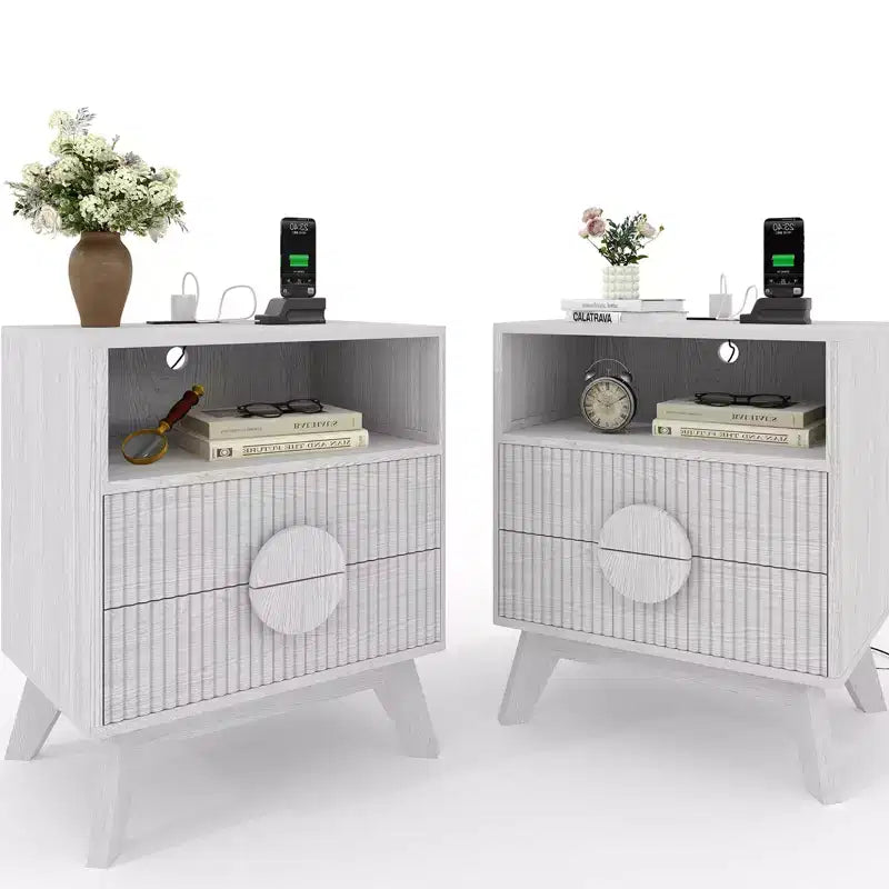 1/2 PCS Modern Nightstand, Recessed Side Table with 2 Drawers and Open Shelves, Wooden Nightstand, Sofa Side Table for Living Room Bedroom Sofa