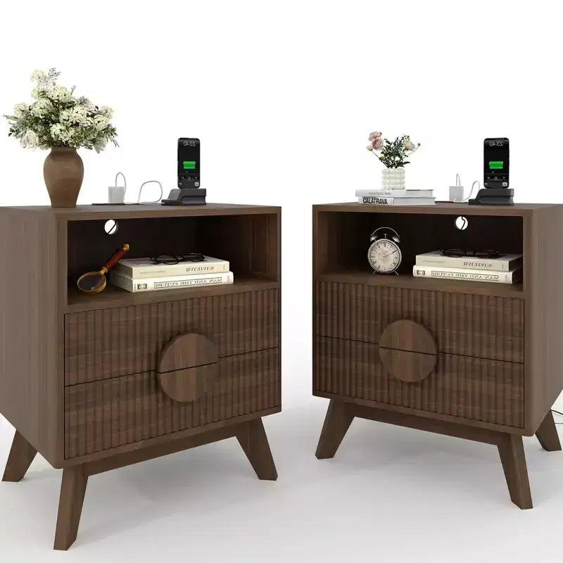 1/2 PCS Modern Nightstand, Recessed Side Table with 2 Drawers and Open Shelves, Wooden Nightstand, Sofa Side Table for Living Room Bedroom Sofa