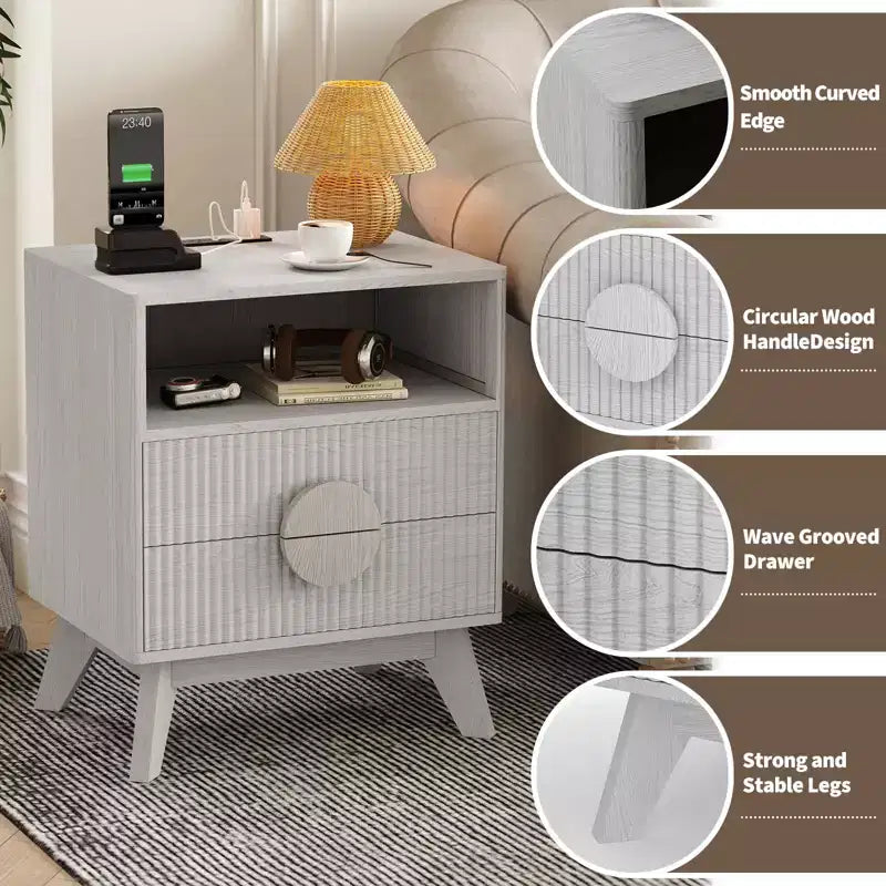 1/2 pz Comodino Moderno, Tavolino Laterale Incassato con 2 Cassetti e Ripiani Aperti, Comodino in Legno, Tavolino da Divano per Soggiorno Camera da Letto Divano