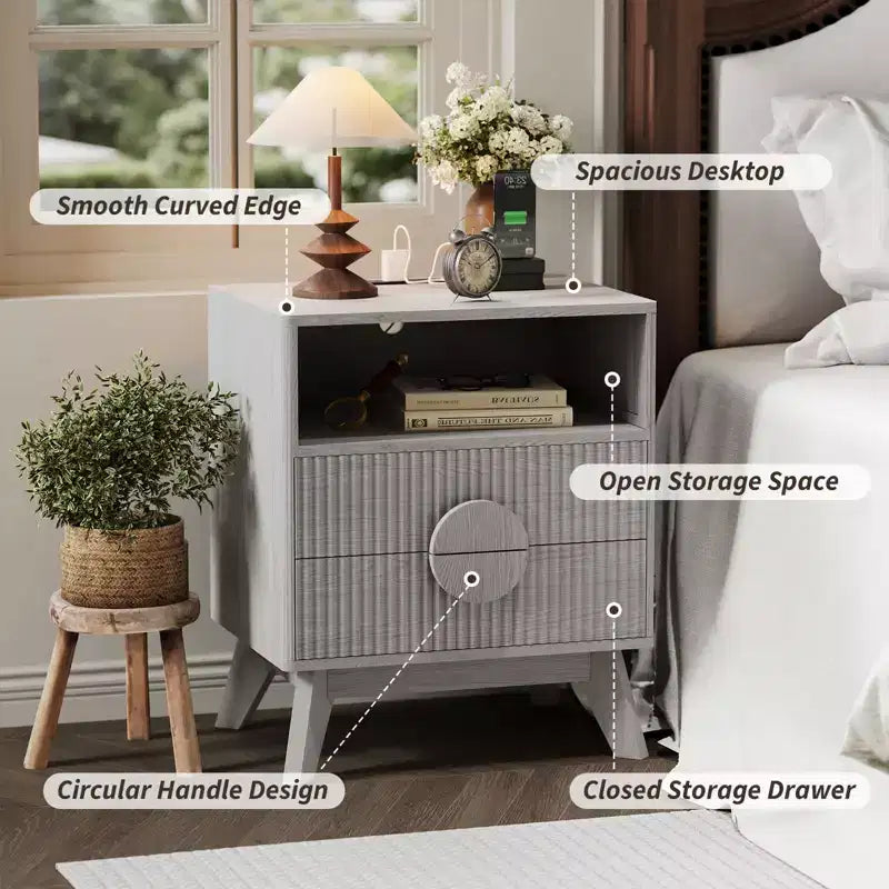 1/2 pz Comodino Moderno, Tavolino Laterale Incassato con 2 Cassetti e Ripiani Aperti, Comodino in Legno, Tavolino da Divano per Soggiorno Camera da Letto Divano