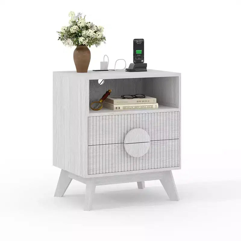 1/2 pz Comodino Moderno, Tavolino Laterale Incassato con 2 Cassetti e Ripiani Aperti, Comodino in Legno, Tavolino da Divano per Soggiorno Camera da Letto Divano