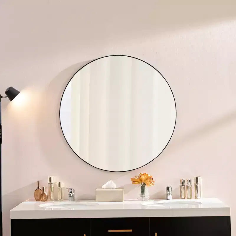 Okak 36IN Modern Round Mirror with Narrow Aluminum Frame, Wall Mount Bathroom Mirror, Vanity Mirror for Bathroom, Living Room, Black