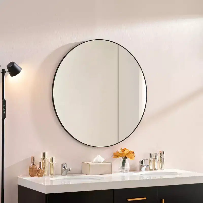 Okak 36IN Modern Round Mirror with Narrow Aluminum Frame, Wall Mount Bathroom Mirror, Vanity Mirror for Bathroom, Living Room, Black