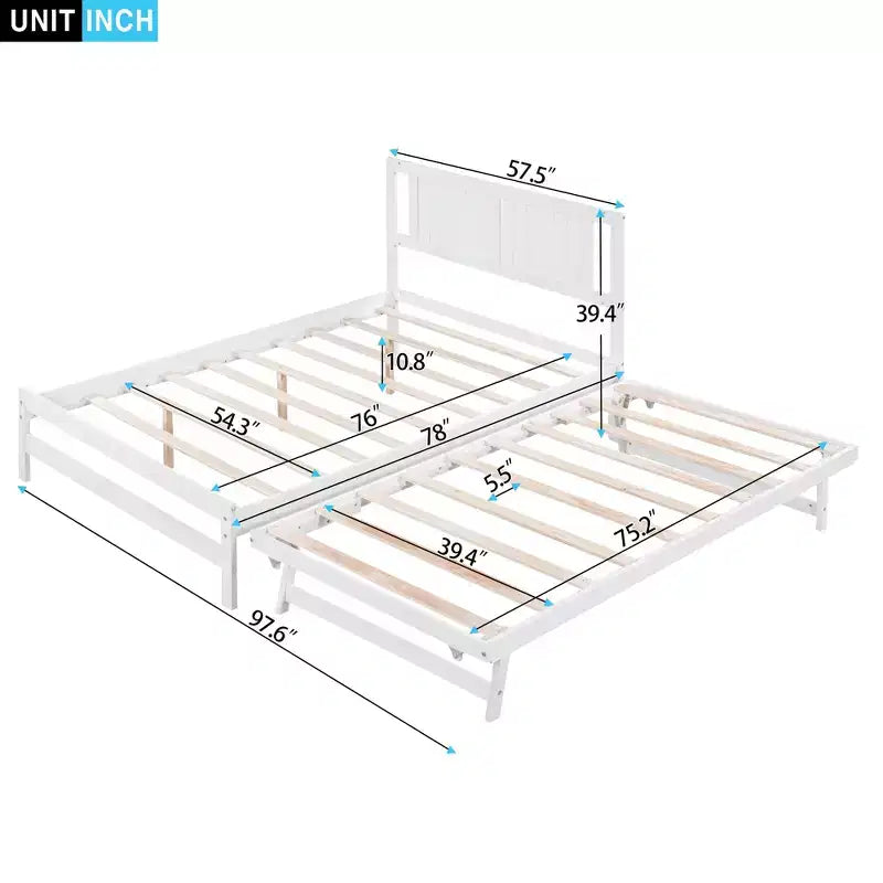 Letto a Piattaforma Matrimoniale con Letto Estraibile Singolo Regolabile, Struttura del Letto Matrimoniale in Legno con Testiera per Camera da Letto