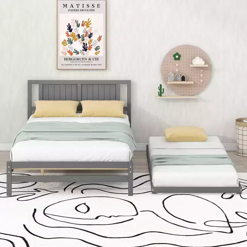Letto a Piattaforma Matrimoniale con Letto Estraibile Singolo Regolabile, Struttura del Letto Matrimoniale in Legno con Testiera per Camera da Letto