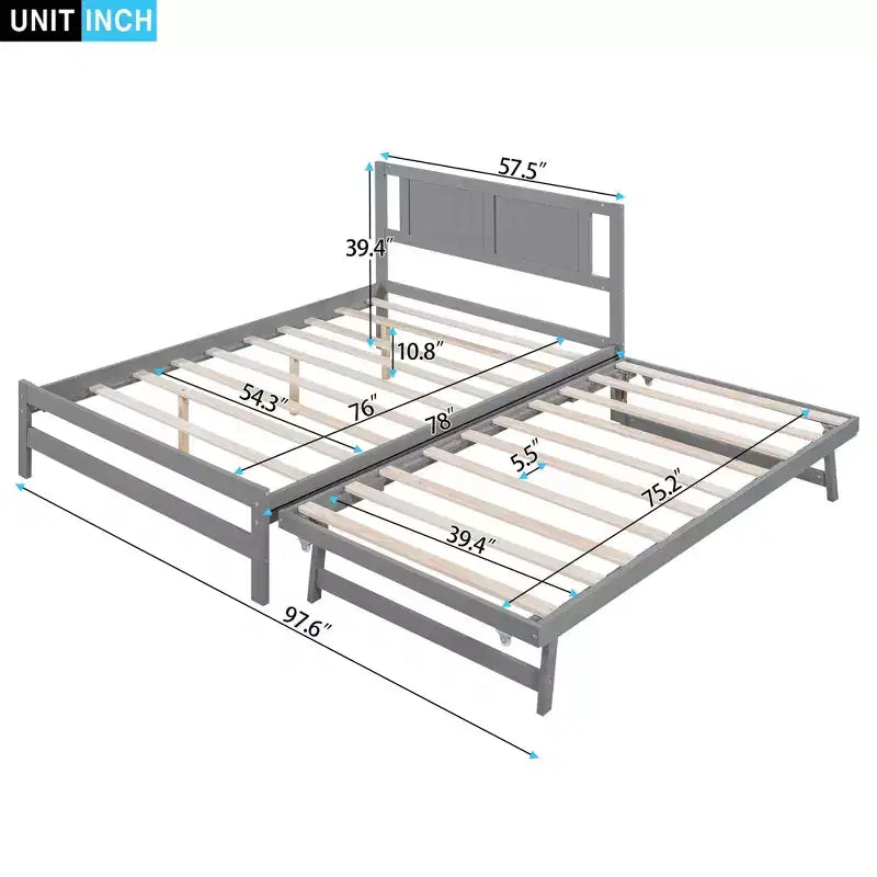Letto a Piattaforma Matrimoniale con Letto Estraibile Singolo Regolabile, Struttura del Letto Matrimoniale in Legno con Testiera per Camera da Letto