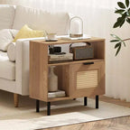 Costway Boho Rattan Nightstand Wooden End Table with Storage Shelf Cabinet & Metal Legs