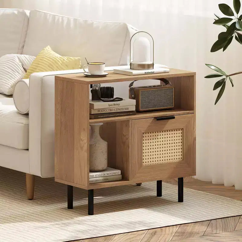 Costway Boho Rattan Nightstand Wooden End Table with Storage Shelf Cabinet & Metal Legs