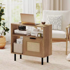 Costway Boho Rattan Nightstand Wooden End Table with Storage Shelf Cabinet & Metal Legs