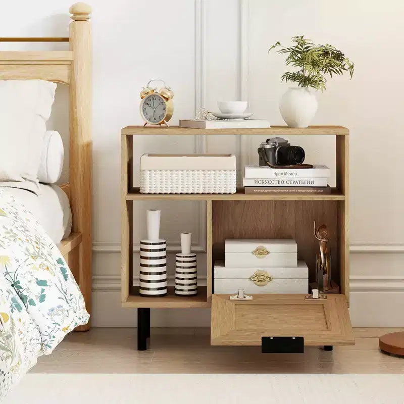 Costway Boho Rattan Nightstand Wooden End Table with Storage Shelf Cabinet & Metal Legs