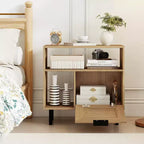 Costway Boho Rattan Nightstand Wooden End Table with Storage Shelf Cabinet & Metal Legs
