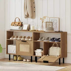 Costway Boho Rattan Nightstand Wooden End Table with Storage Shelf Cabinet & Metal Legs
