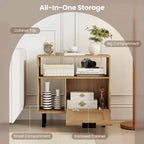 Costway Boho Rattan Nightstand Wooden End Table with Storage Shelf Cabinet & Metal Legs