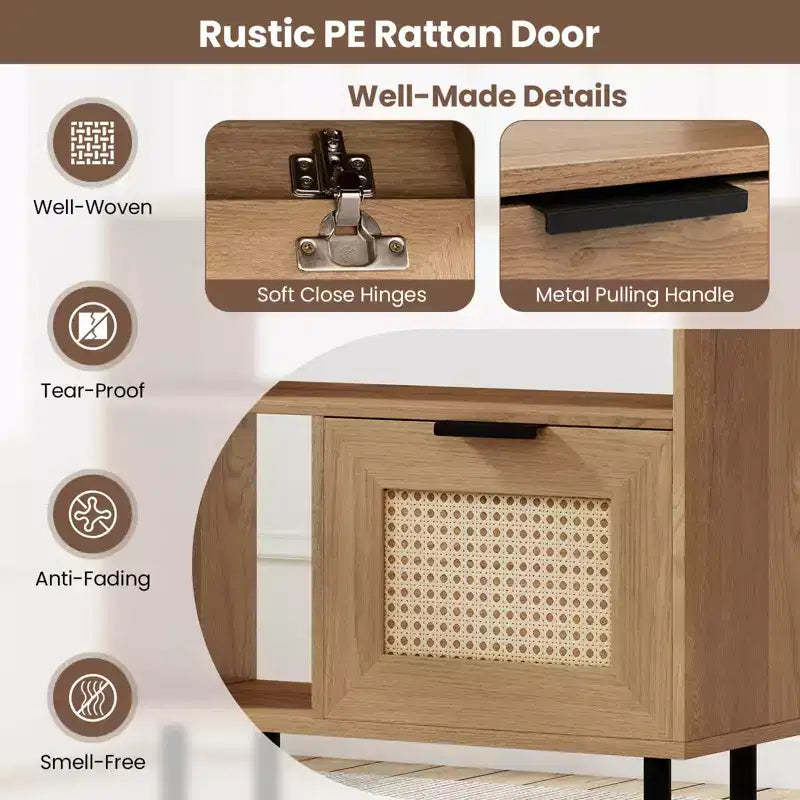 Costway Boho Rattan Nightstand Wooden End Table with Storage Shelf Cabinet & Metal Legs