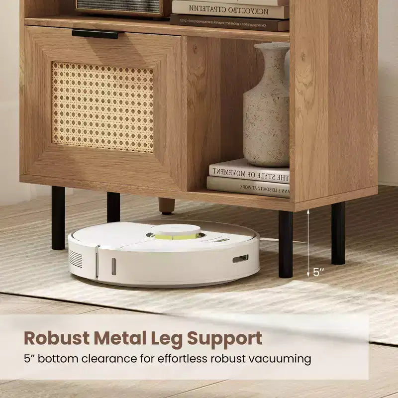 Costway Boho Rattan Nightstand Wooden End Table with Storage Shelf Cabinet & Metal Legs
