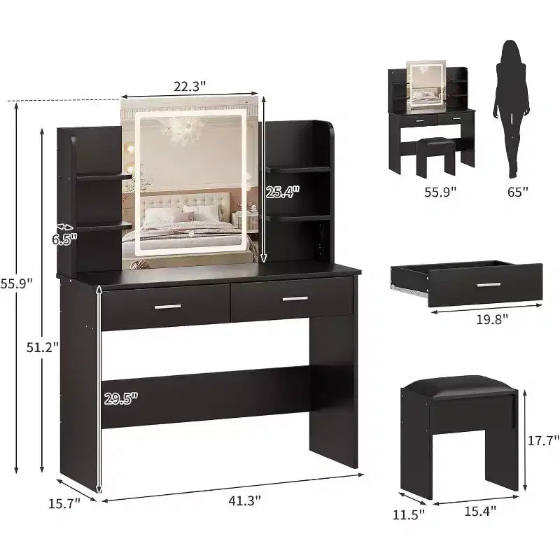 Acekool Vanity Desk with Lighted Mirror, Stool, Power Outlet, 6 Shelves, 2 Large Drawers, 3-Color Adjustable LED, Makeup Vanity for Bedroom, Black