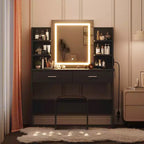 Acekool Vanity Desk with Lighted Mirror, Stool, Power Outlet, 6 Shelves, 2 Large Drawers, 3-Color Adjustable LED, Makeup Vanity for Bedroom, Black