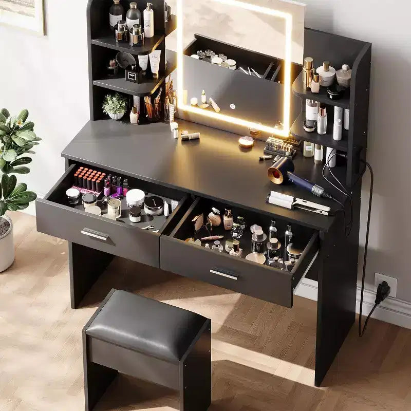 Acekool Vanity Desk with Lighted Mirror, Stool, Power Outlet, 6 Shelves, 2 Large Drawers, 3-Color Adjustable LED, Makeup Vanity for Bedroom, Black