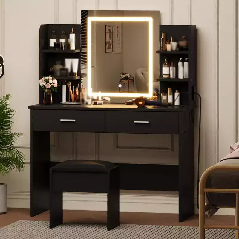 Acekool Vanity Desk with Lighted Mirror, Stool, Power Outlet, 6 Shelves, 2 Large Drawers, 3-Color Adjustable LED, Makeup Vanity for Bedroom, Black