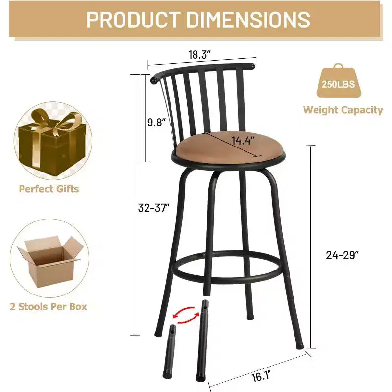 Sgabelli da Bar FurnitureR Set da 2, Regolabili in Altezza, Schienale Basso con Comodo Poggiapiedi, Senza Braccioli con Gambe Intercambiabili, 24/29 Pollici