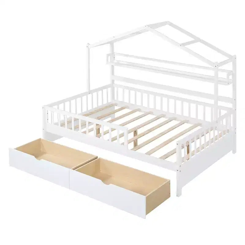 Letto a capanna a grandezza naturale con cassetti e mensole portaoggetti, letto a piattaforma per bambini con sponde protettive, struttura in legno a forma di tenda da gioco per bambine e bambini, bianco