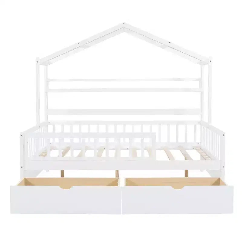 Letto a capanna a grandezza naturale con cassetti e mensole portaoggetti, letto a piattaforma per bambini con sponde protettive, struttura in legno a forma di tenda da gioco per bambine e bambini, bianco