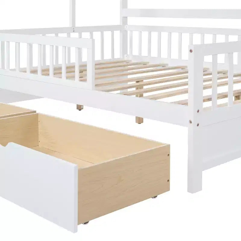 Letto a capanna a grandezza naturale con cassetti e mensole portaoggetti, letto a piattaforma per bambini con sponde protettive, struttura in legno a forma di tenda da gioco per bambine e bambini, bianco