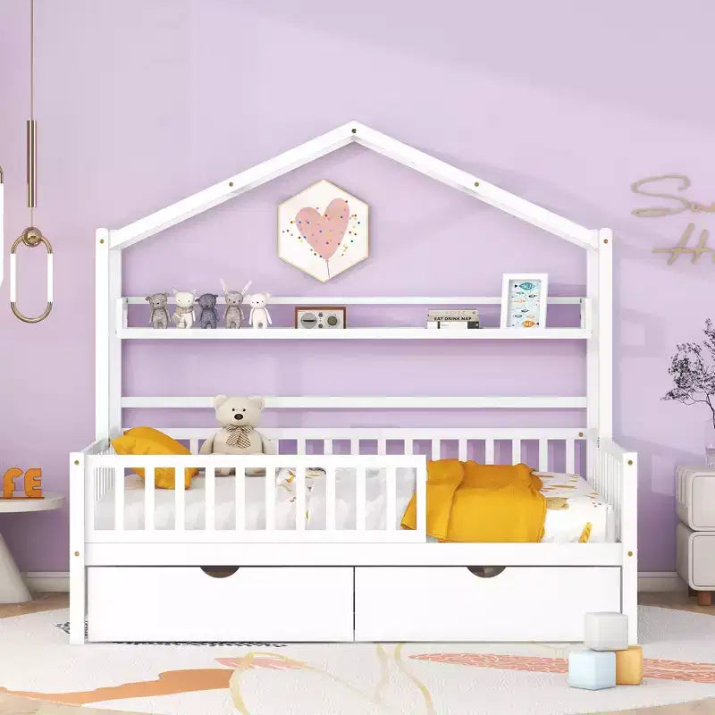 Letto a capanna a grandezza naturale con cassetti e mensole portaoggetti, letto a piattaforma per bambini con sponde protettive, struttura in legno a forma di tenda da gioco per bambine e bambini, bianco