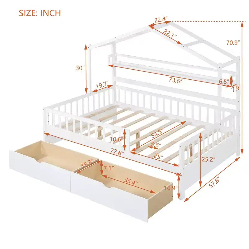Letto a capanna a grandezza naturale con cassetti e mensole portaoggetti, letto a piattaforma per bambini con sponde protettive, struttura in legno a forma di tenda da gioco per bambine e bambini, bianco