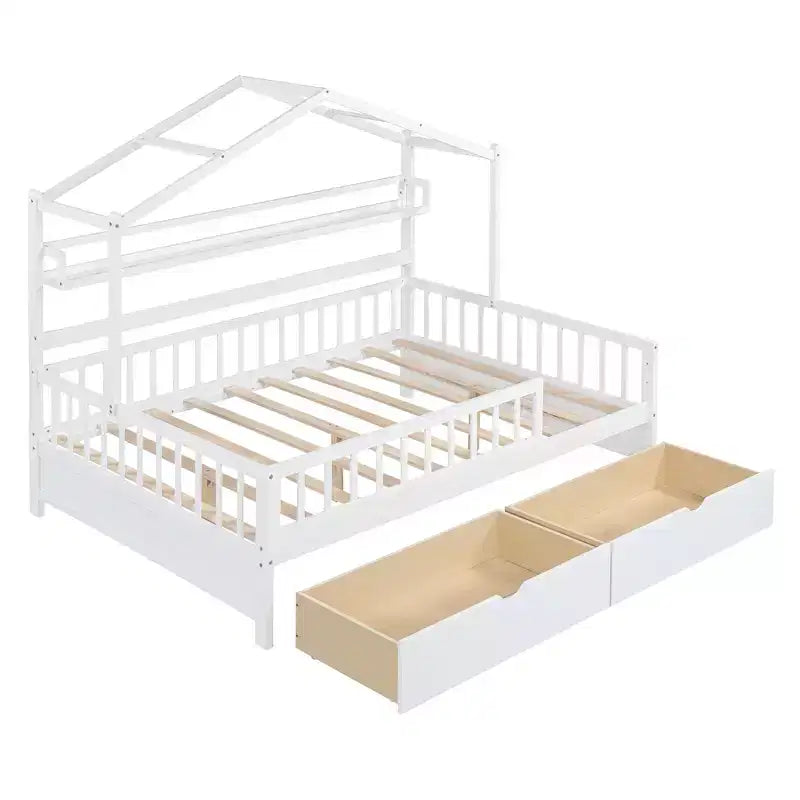 Letto a capanna a grandezza naturale con cassetti e mensole portaoggetti, letto a piattaforma per bambini con sponde protettive, struttura in legno a forma di tenda da gioco per bambine e bambini, bianco