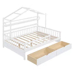 Letto a capanna a grandezza naturale con cassetti e mensole portaoggetti, letto a piattaforma per bambini con sponde protettive, struttura in legno a forma di tenda da gioco per bambine e bambini, bianco
