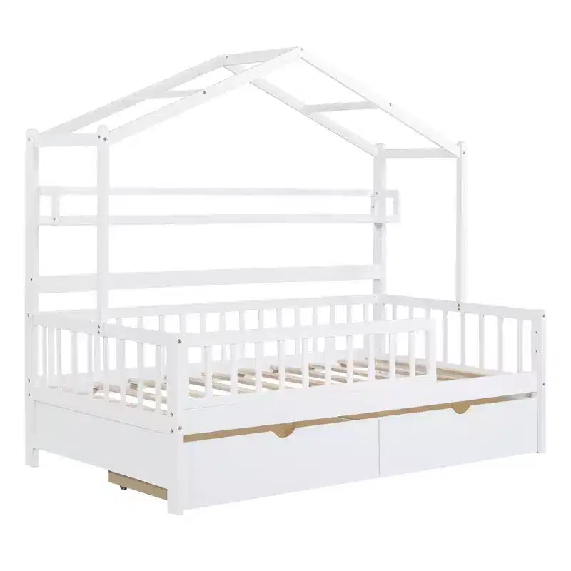 Letto a capanna a grandezza naturale con cassetti e mensole portaoggetti, letto a piattaforma per bambini con sponde protettive, struttura in legno a forma di tenda da gioco per bambine e bambini, bianco