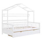 Letto a capanna a grandezza naturale con cassetti e mensole portaoggetti, letto a piattaforma per bambini con sponde protettive, struttura in legno a forma di tenda da gioco per bambine e bambini, bianco