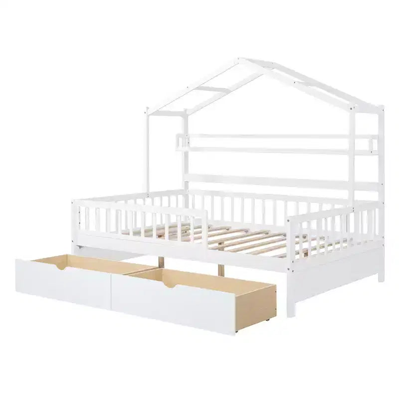 Letto a capanna a grandezza naturale con cassetti e mensole portaoggetti, letto a piattaforma per bambini con sponde protettive, struttura in legno a forma di tenda da gioco per bambine e bambini, bianco