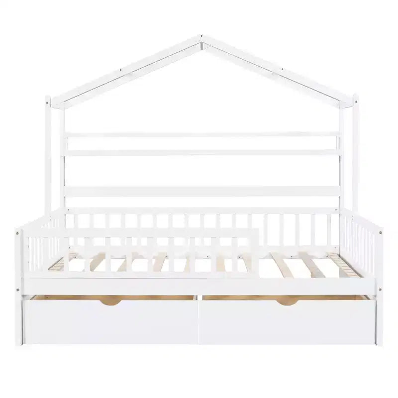 Letto a capanna a grandezza naturale con cassetti e mensole portaoggetti, letto a piattaforma per bambini con sponde protettive, struttura in legno a forma di tenda da gioco per bambine e bambini, bianco